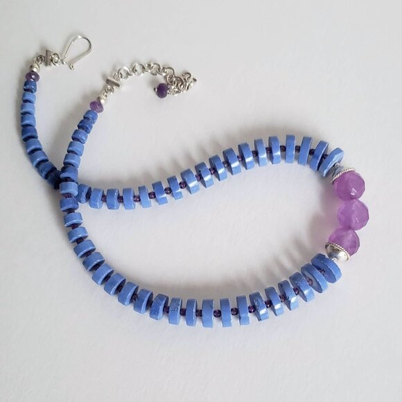 Sterling Silver MAGNESITE AMETHYST CHALCEDONY Necklace Heishi Choker Adjustable - Picture 2 of 16